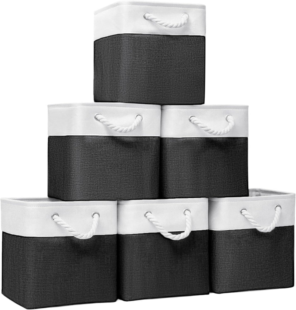 Fabric Storage Cubes, 11 inch cube storage bin with Handles, 11x11cube storage organizer bins, Collapsible Storage Bins for Shelves and Home, Cubby Storage Bins (white-black, 10.5x10.5x11in)
