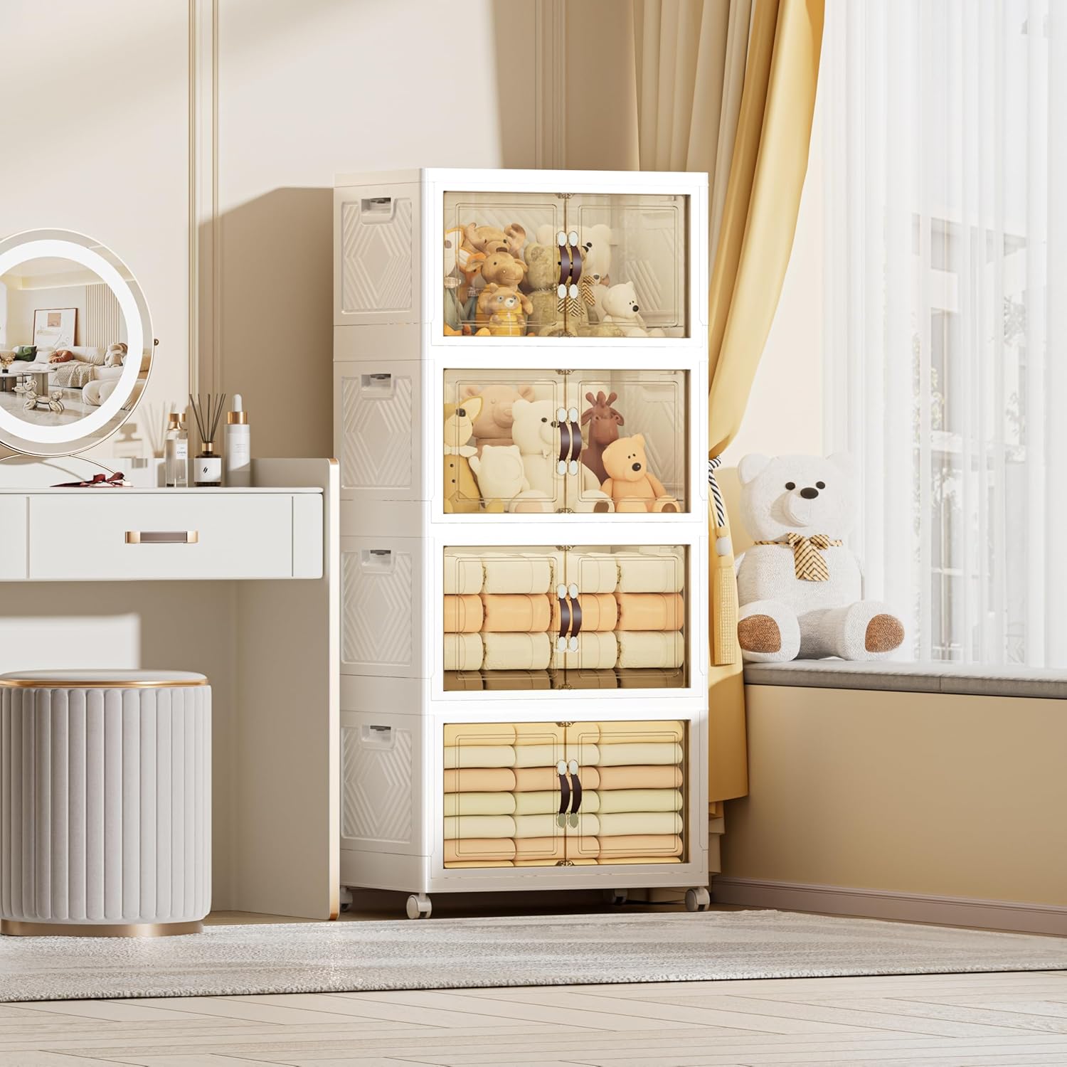 268 QT / 67 Gal Extra Wide Foldable Plastic Cabinet with Double Magnetic Doors & Leather Handles - Stackable, 4 Locking Wheels, Space Saving Storage for Small Spaces