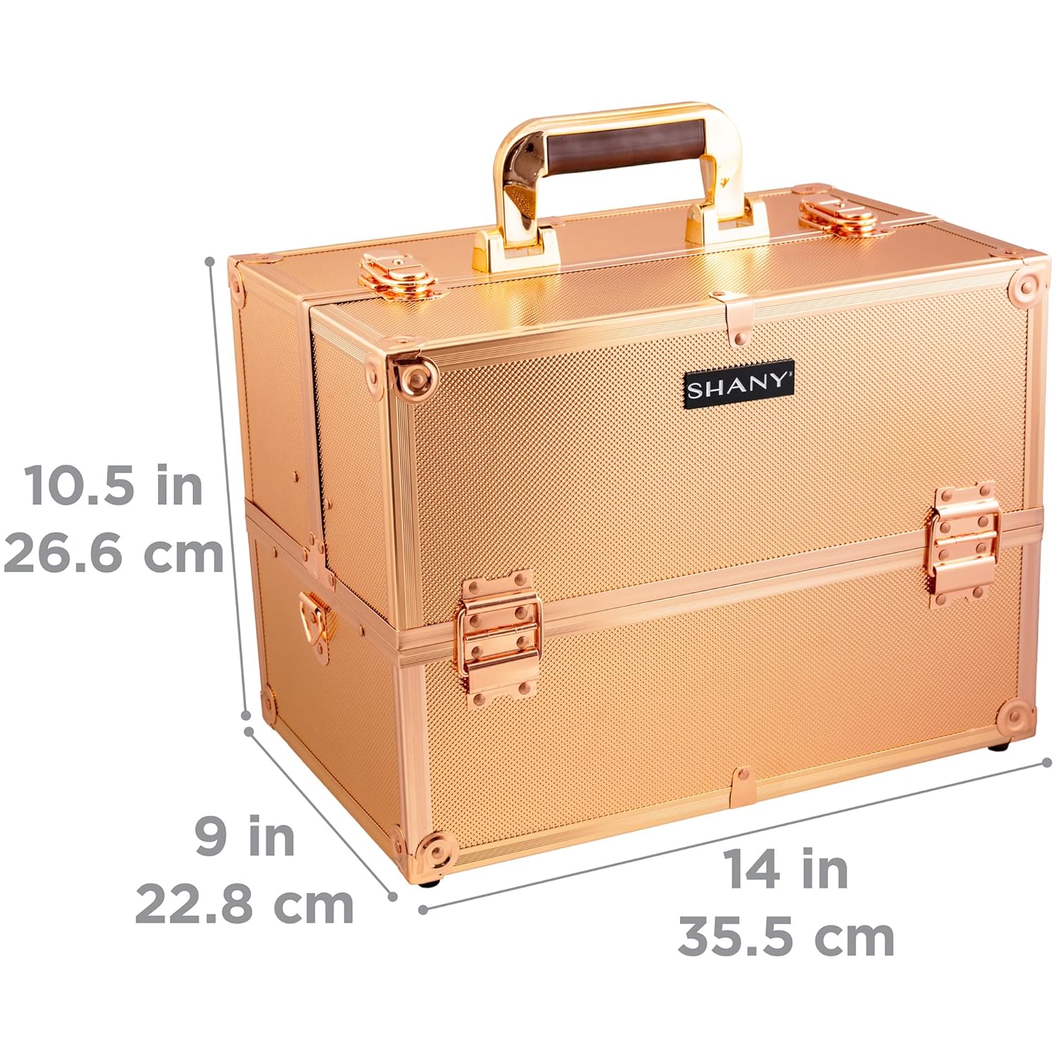 SHANY Essential Pro Makeup Train Case Cosmetic Box Portable Makeup Case Cosmetics Beauty Organizer Jewelry storage with Locks, Multi Compartments Makeup Box and Shoulder Strap - Rose Gold