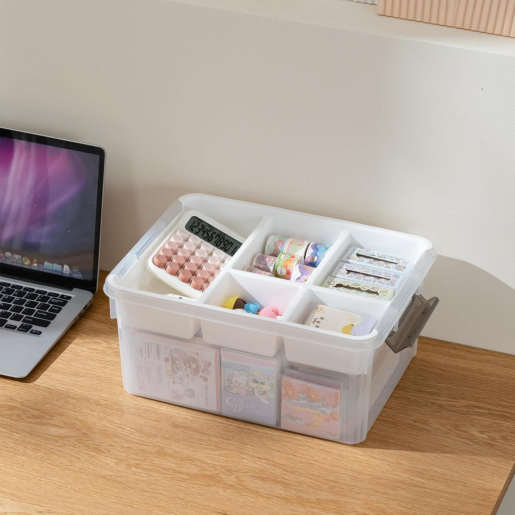 17 Quart Plastic Storage Box with Removable Tray Caddy Clear Art Supply Craft Organizers Playroom Container Organizer with Lid for Bead Crayon Tool Sewing Playdoh