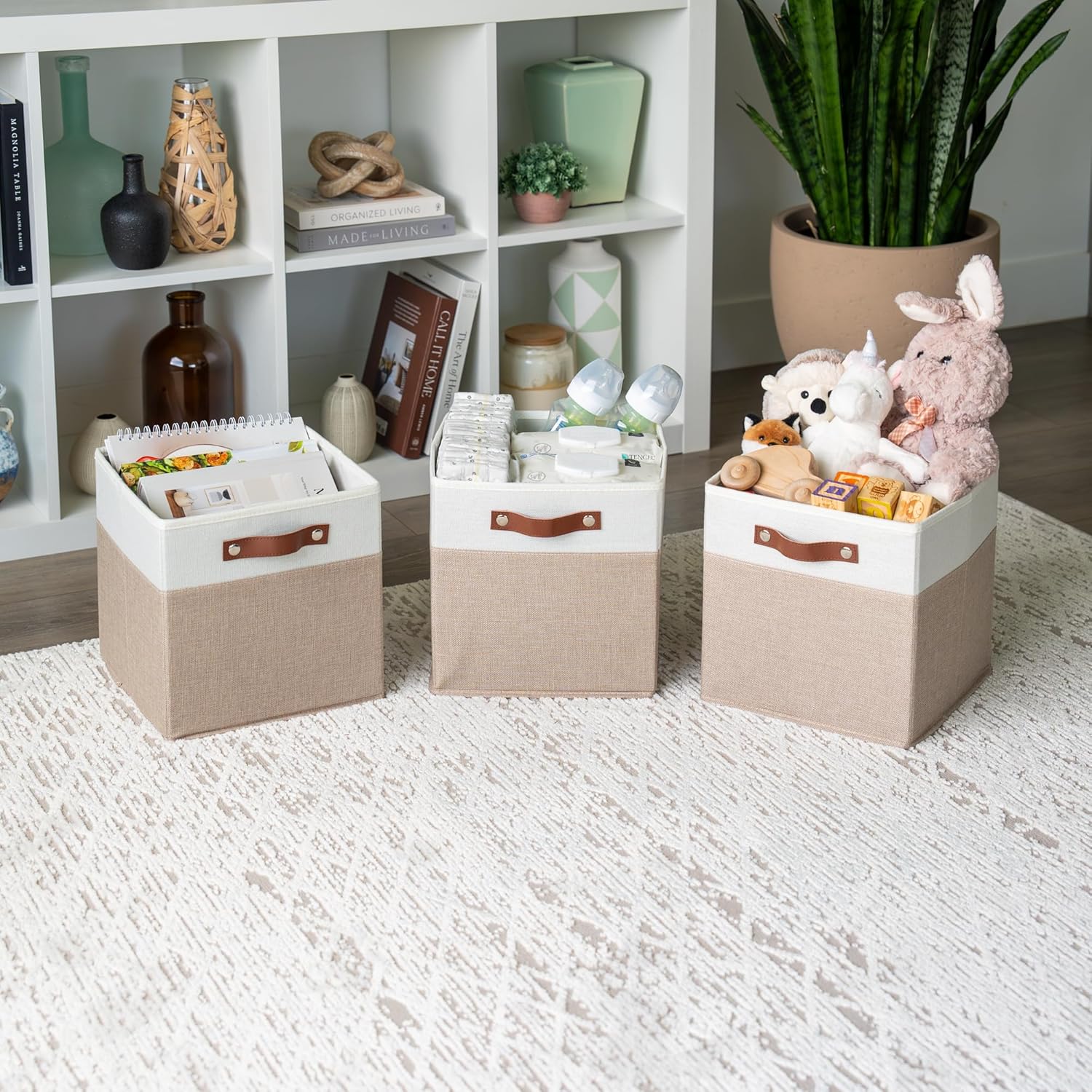 OrganiHaus 11" x 11" x 11" Fabric Cubes Storage Bins Set of 4, Foldable Collapsible Canvas Storage Bins for Organizer, Toy Organizer for Kallax, 11 Inch Linen Cube Shelf Baskets - Beige/White