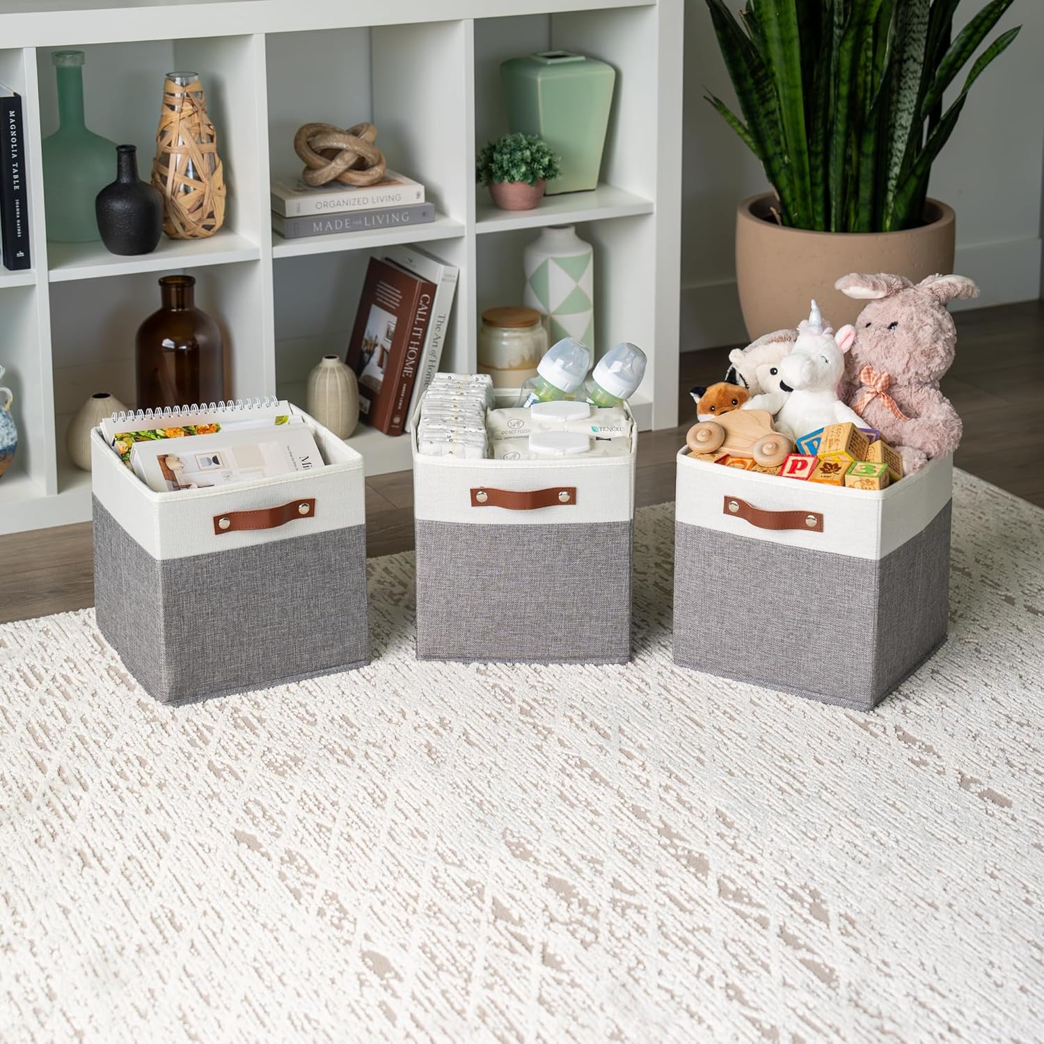 OrganiHaus 11" x 11" x 11" Fabric Cube Storage Bins Set of 4, Foldable Collapsible Canvas Storage Bins for Organizer, 11 inch Cubbies Organizer for Kallax, Linen Cube Shelf Baskets - Grey/White