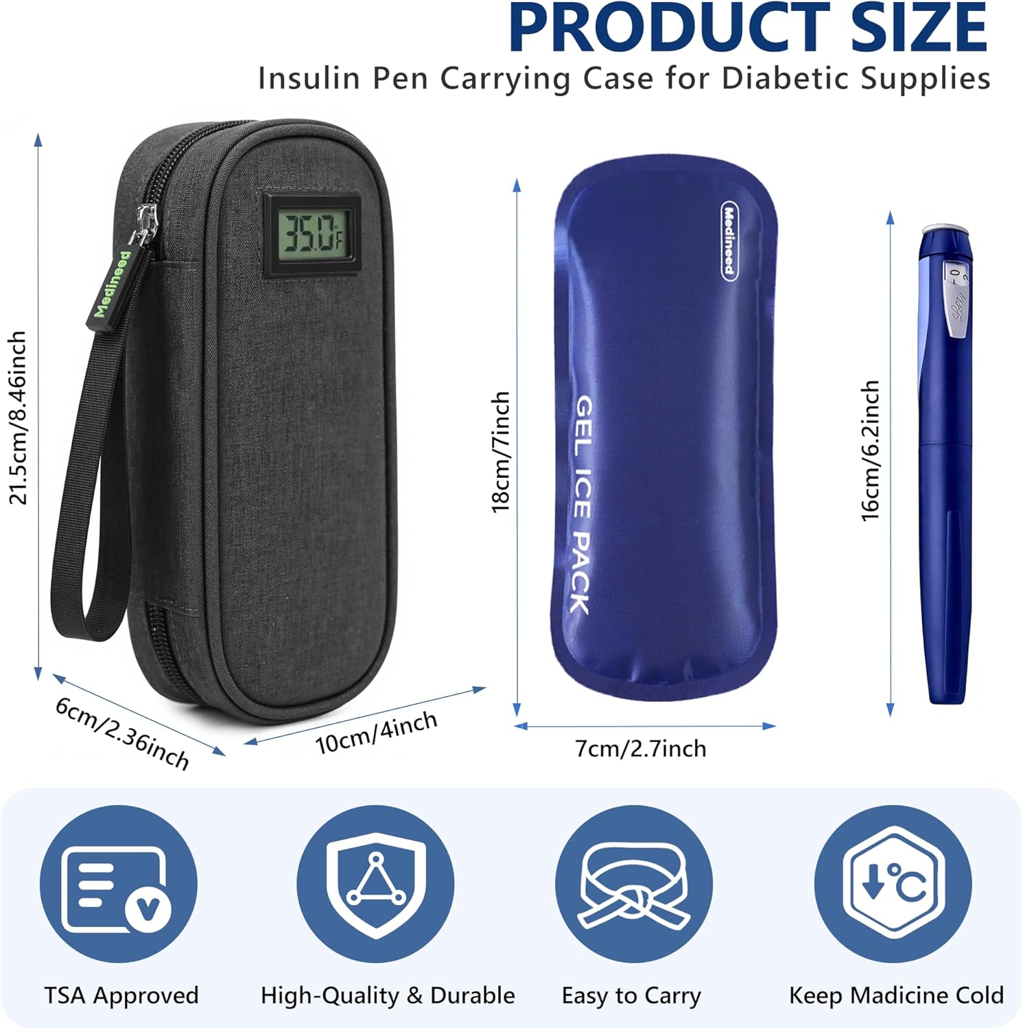 Insulin Cooler Travel Case TSA Approved with Temperature Display – Diabetic Medication Travel Case with 2 × 90g Ice Packs, Portable Medicine Organizer for 3–4 Insulin Pens and Diabetic Supplies(Black)