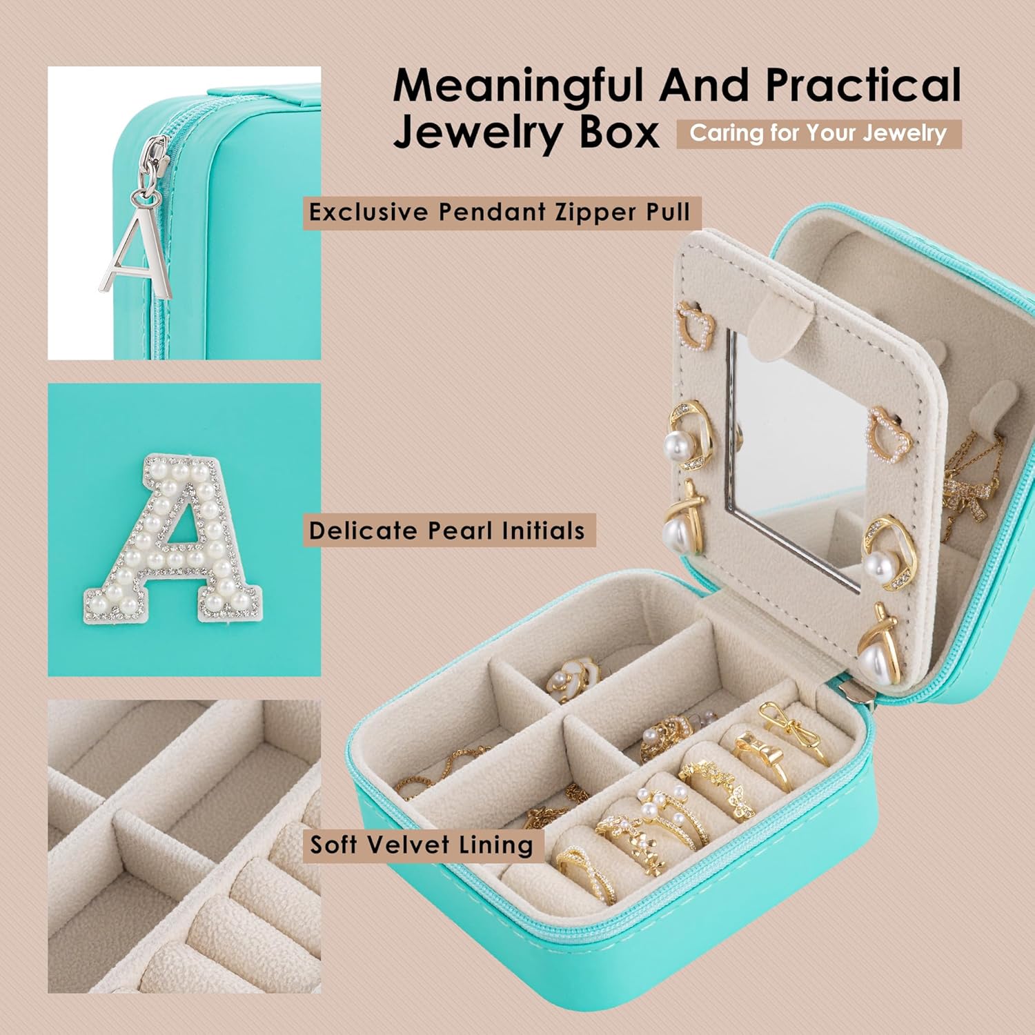 Initial Jewelry Box, Travel Jewelry Case, Blue, Modern, Mother's Day Gift for Women