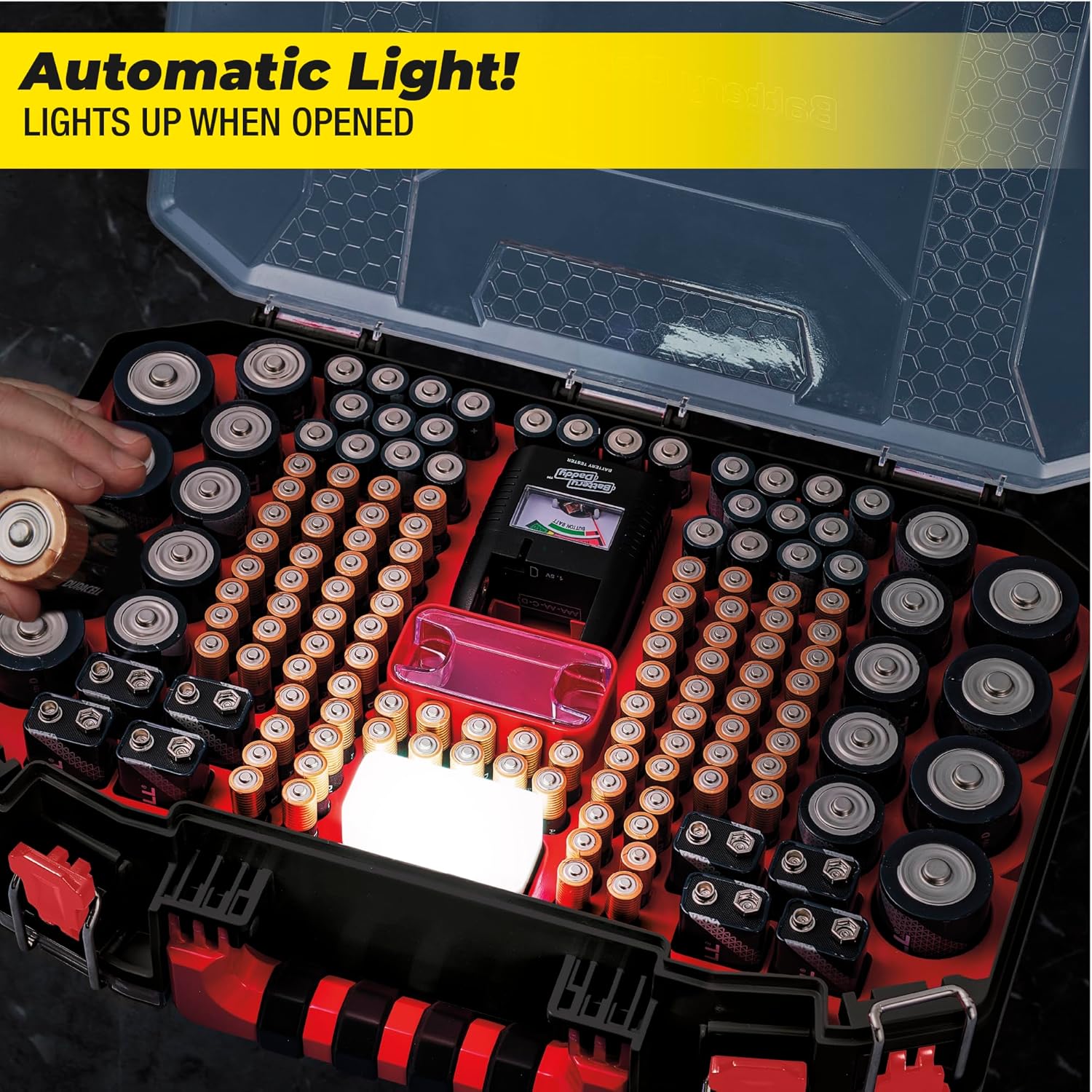 Ontel Battery Daddy Storage & Organizer Case with Light and Tester, Stores & Protects Over 200 Batteries, Double-Sided, Durable Design with Clear Locking Lid, Secure Latches & Portable Carrying Handle