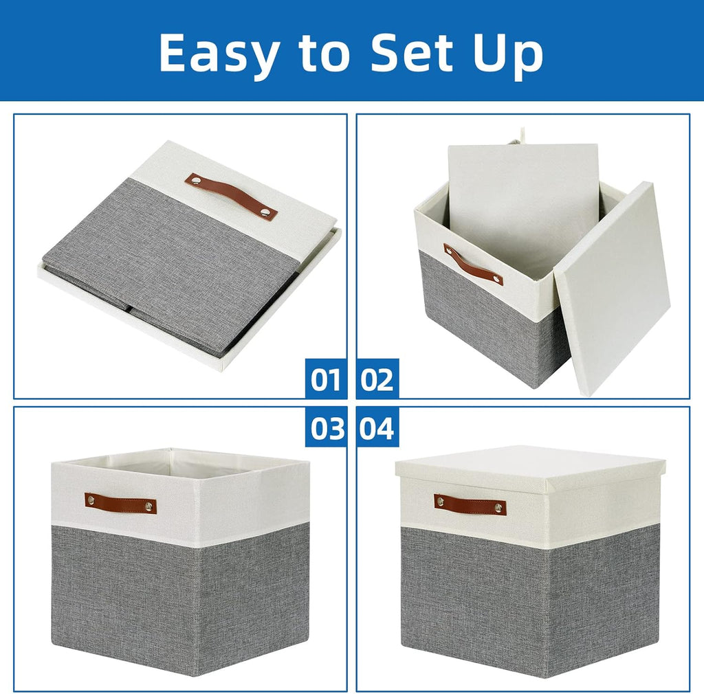 Temary Cube Storage Bins with Lids for Organizing Clothes, [2-Pack] Foldable Storage Boxes with Handles, Closet Storage Baskets for Living Room (White&Gray, 13x13x13inch)