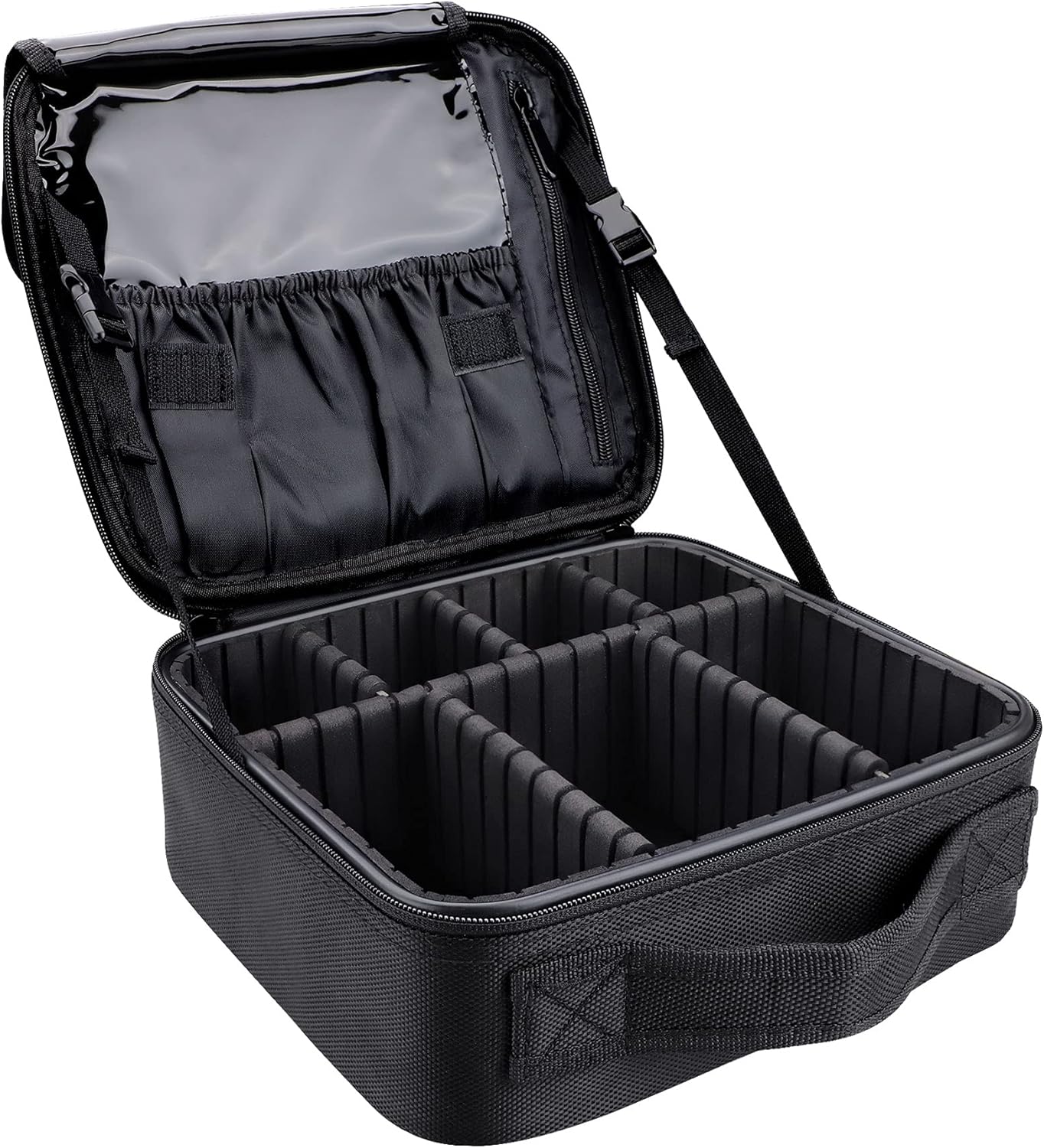 JOURMON Travel Makeup Bag, Large Capacity Cosmetic Train Case for Women Portable Pouch Open Flat Artist Brushes Toiletry Jewelry Digital Organizer Storage Bag with Adjustable Dividers