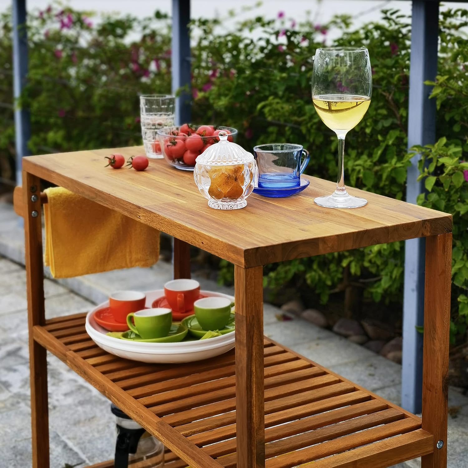 Interbuild 3 Tier Acacia Hardwood Kitchen Cart Portable Rolling Trolley Cart Kitchen Storage Utility Cart with Towel Rack (Golden Teak)