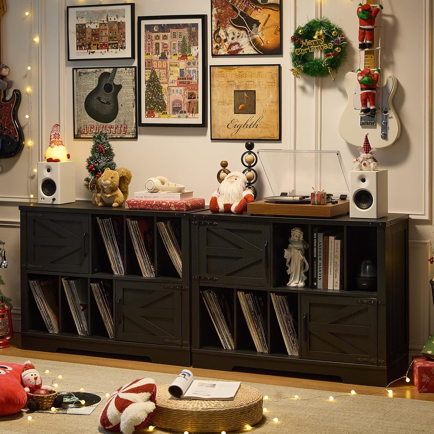 Large Record Player Stand with Vinyl Storage Up to 450 Albums, 39 Inch Farmhouse Wood Black Vinyl Records Storage Cabinet with Barn Doors, Mid-Century Modern Turntable Stand for Living Room