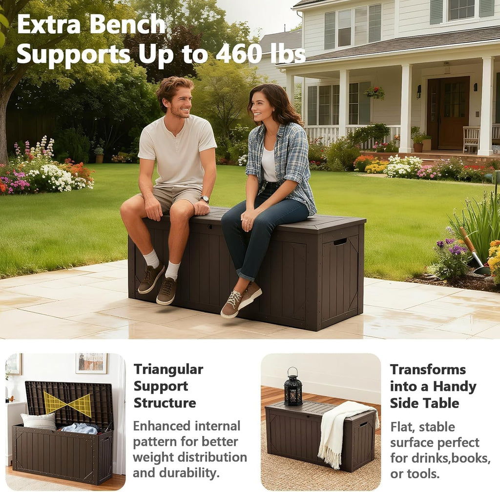 100 Gallon Outdoor Storage Box, Weatherproof Deck Box for Patio Cushions, Throw Pillows, Garden Tools, Lockable Resin Large Outdoor Storage Bench for Yard, Porch, or Balcony