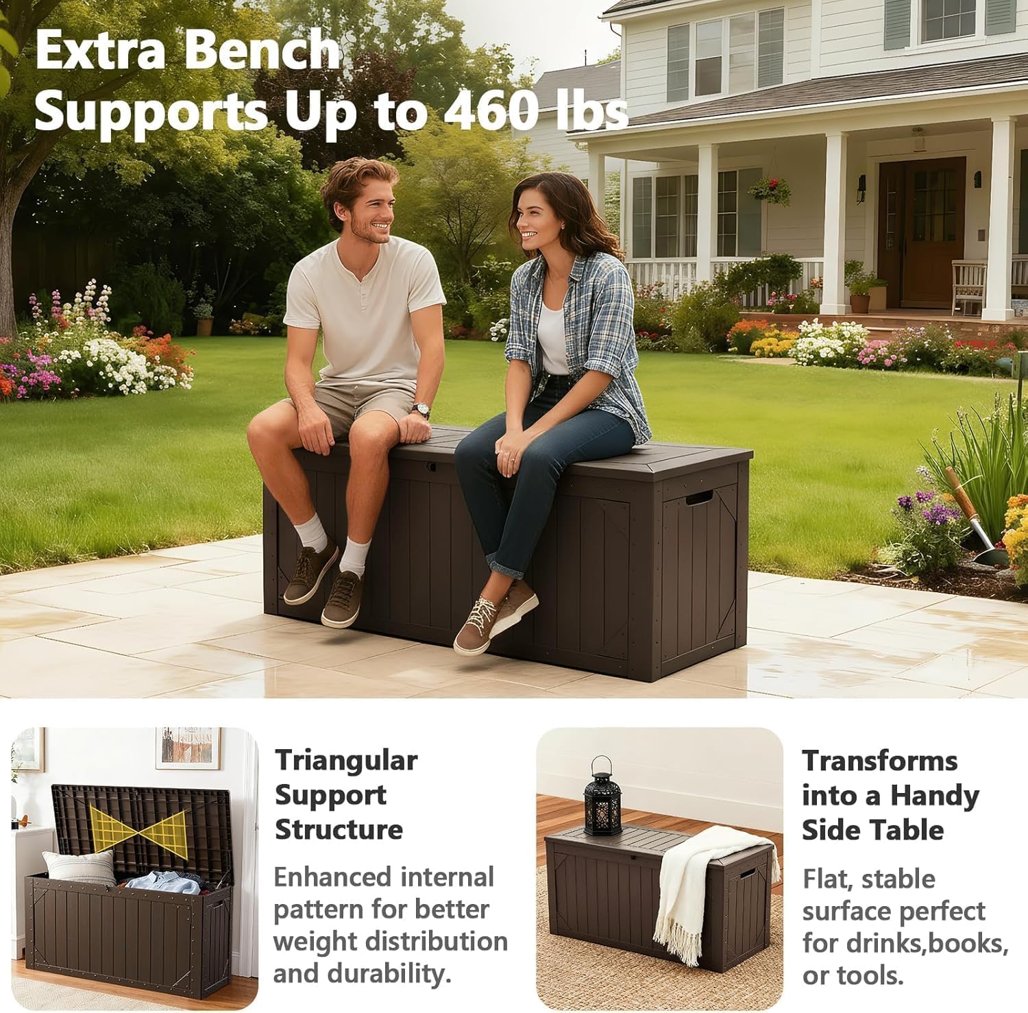 100 Gallon Outdoor Storage Box, Weatherproof Deck Box for Patio Cushions, Throw Pillows, Garden Tools, Lockable Resin Large Outdoor Storage Bench for Yard, Porch, or Balcony