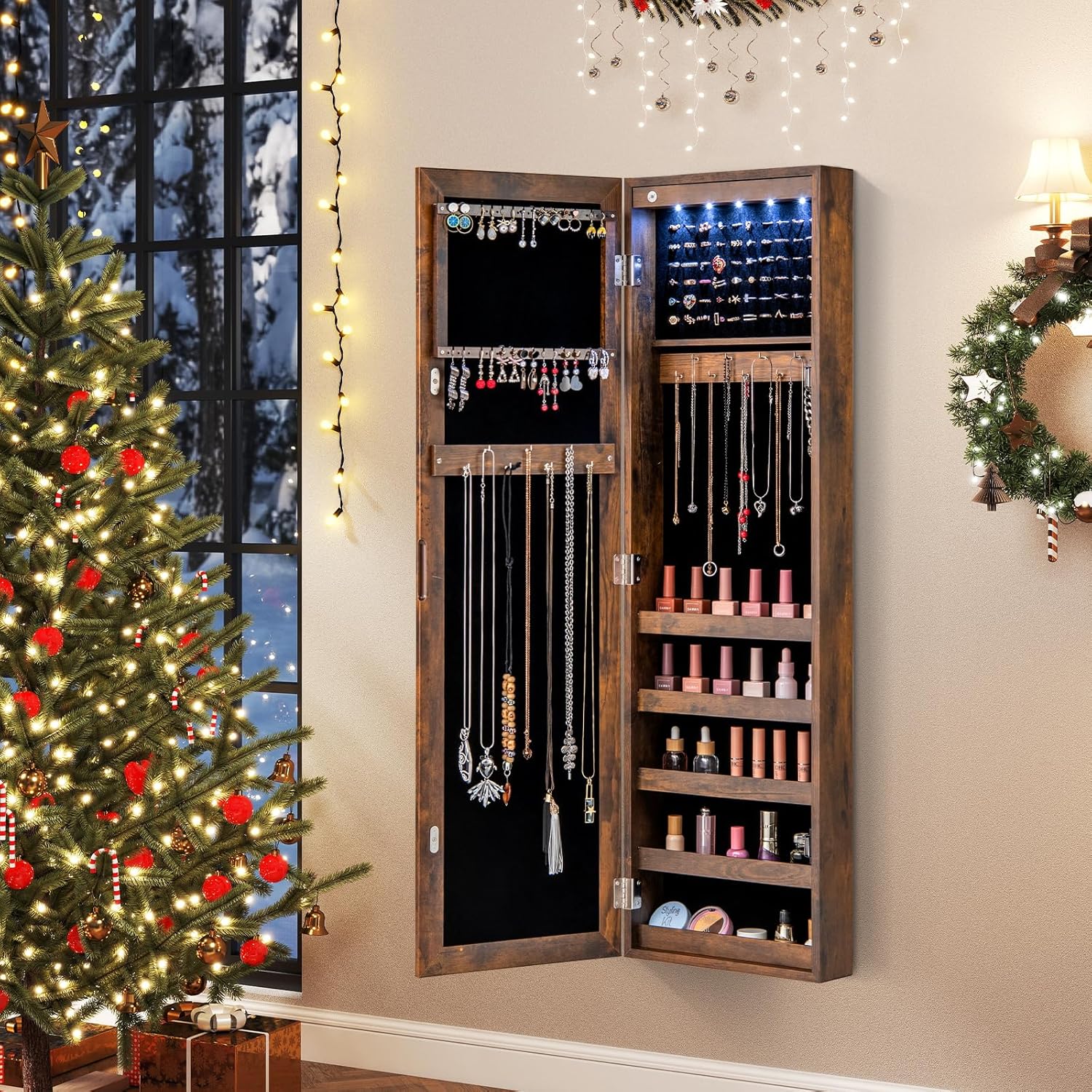 5 LEDs Mirrored Jewelry Cabinet Wall Mounted or Door Hanging, 42” Jewelry Box Armoire with Full Length Mirror, 2 Drawers & Shelves, Over the Door Jewelry organizers and Storage (Rustic Brown)