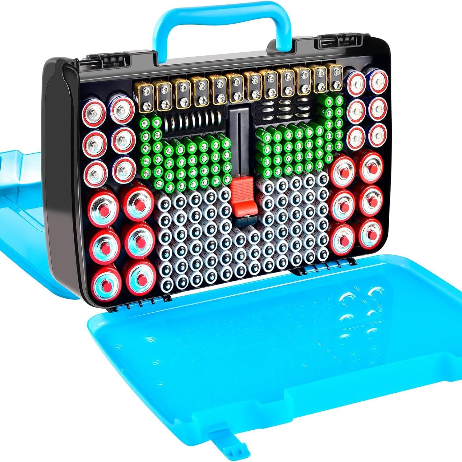 Battery Storage Organizer Case Holder Box with Tester, Double-Sided Batteries Fits for 269 Caddy Container AA AAA AAAA 3A 4A 9V C D Lithium 23A 4LR44 CR123A CR1632 CR2032 - Blue