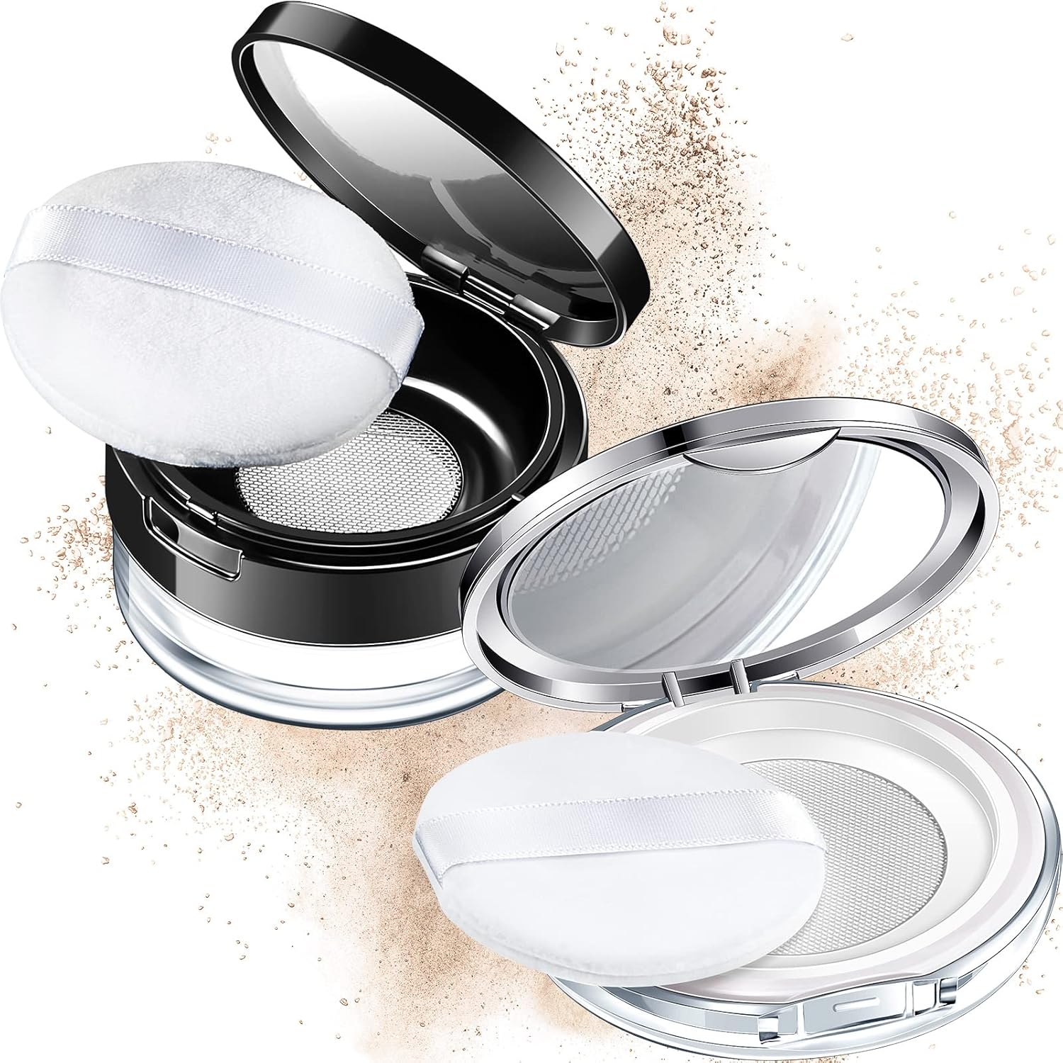 Cunhill 2 Pcs Loose Powder Container with Puff 0.17/0.7 oz Reusable Plastic Empty Case Portable DIY Makeup Powder Container Compact Case with Mirror and Net Sifter(Silver, Black)