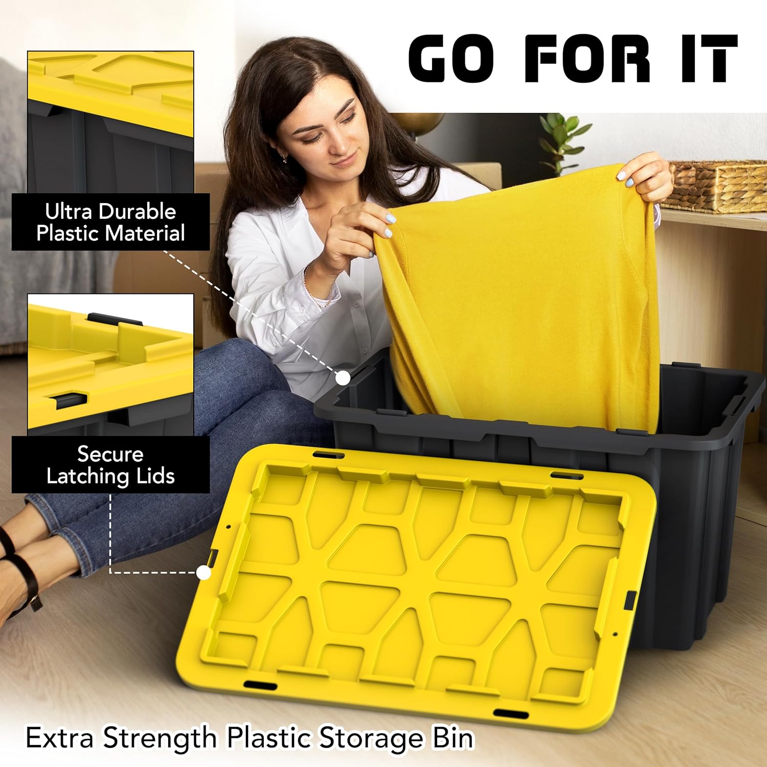 Lifetime Home 4 Pack of Large 17 Gallon Plastic Storage Bin Tote Organizing Container with Secure Latching Lids, Stackable, Extra Strength Clear with Built in Handle - Black and Yellow