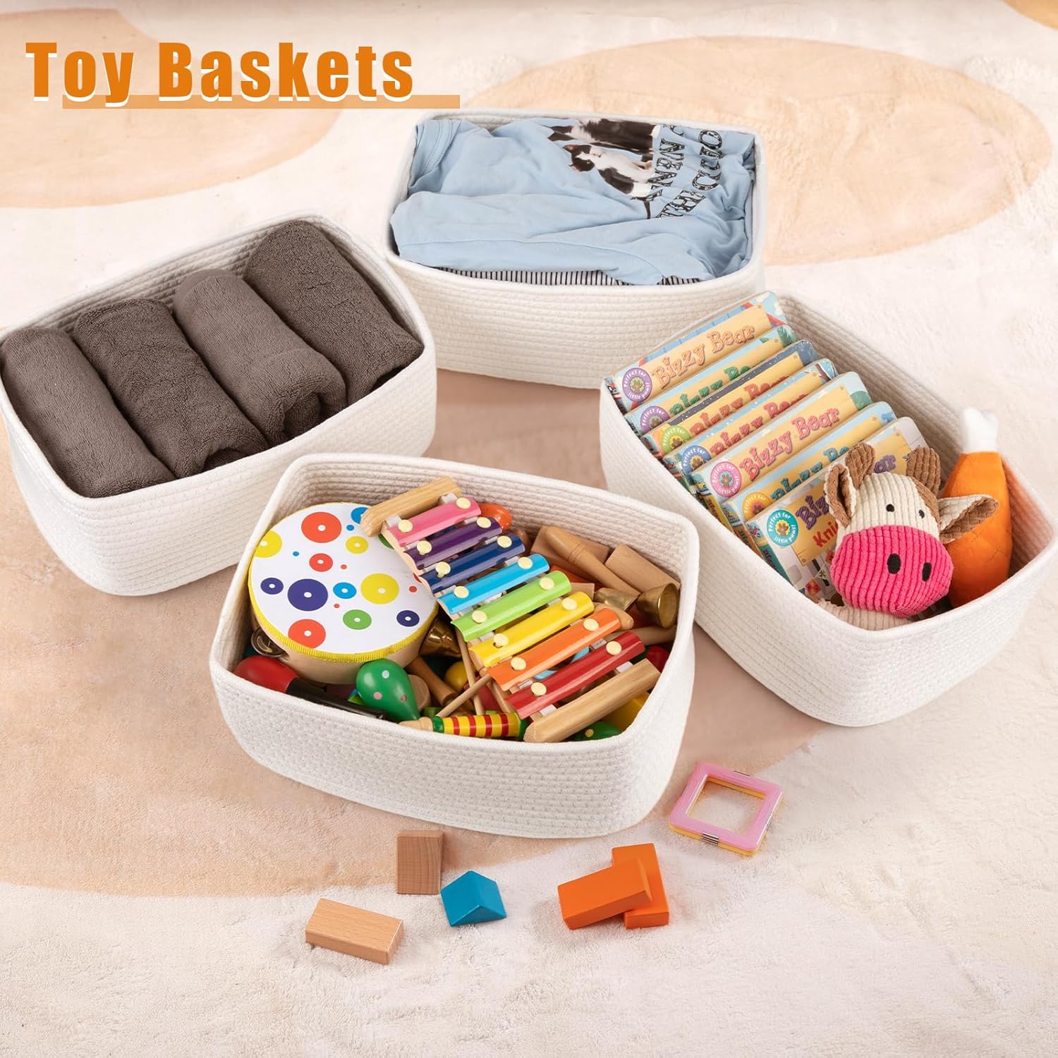 OIAHOMY 4 Pack Storage Baskets for Organizing, Small Bins for Shelves, Cute Decorative Storage Bins, Organizer Baskets for Gifts Empty, 13.8''Lx9.8''Wx5.5''H, White