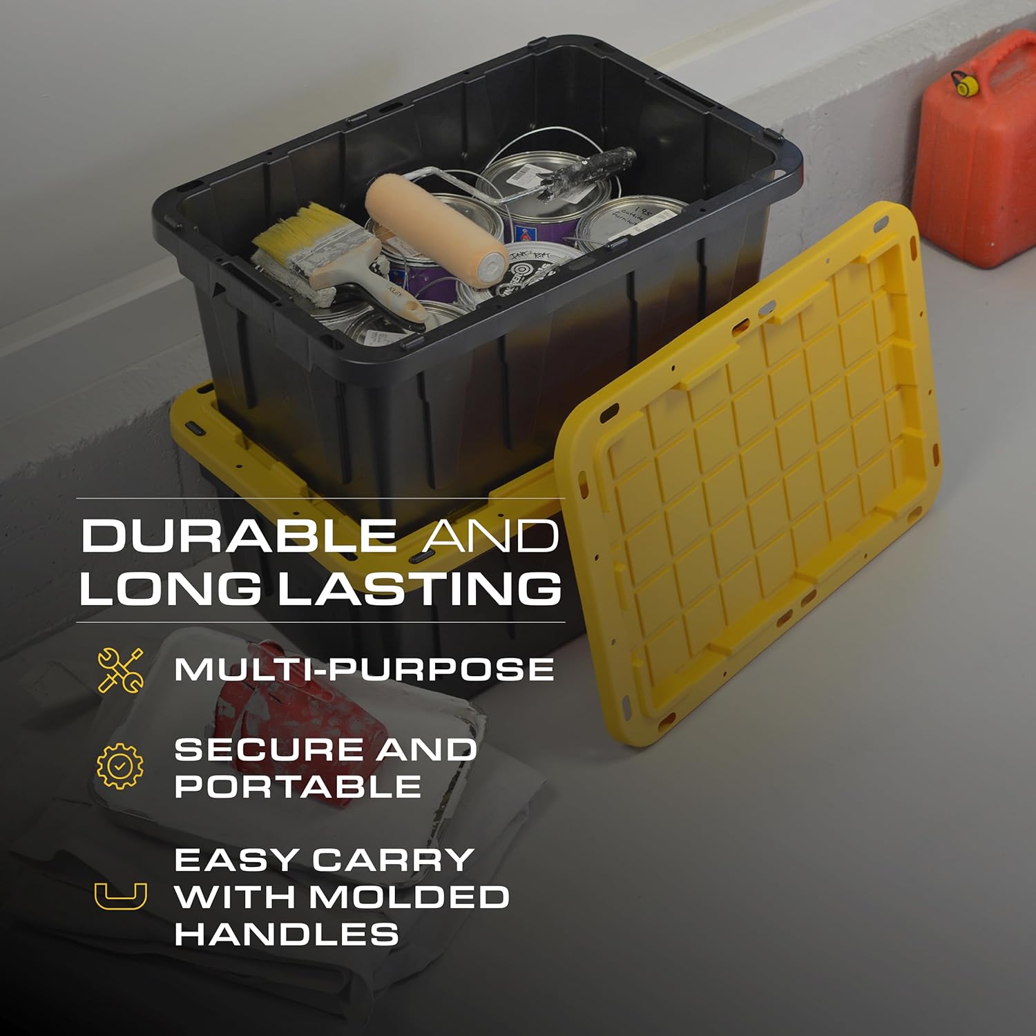 BLACK & YELLOW, 17-Gallon Heavy Duty Tough Storage Container & Snap-Tight Lid, (12.5H x 18W x 26.9D), Weather-Resistant Design and Stackable Organization Tote [4 Pack]