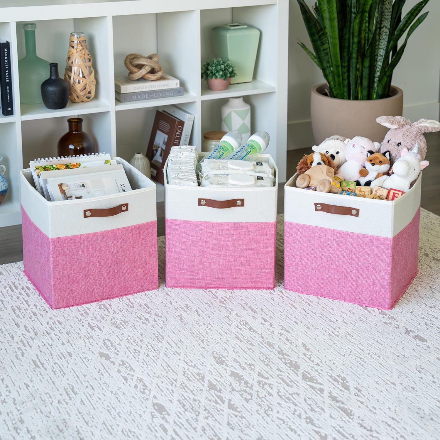 OrganiHaus 13" x 13" x 13" Cube Fabric Storage Bins Set of 4, Fabric Storage Cubes w/ Vegan Handles, 13 inch Collapsible Bins for Clothes & Toy Organizer, 13x13 Basket for Decor - Pink/White