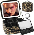 Makeup Bag with Light Up Mirror, Lighted Travel Makeup Organizer 3 Colors Adjustable Brightness, Makeup Bag with Mirror and Light, Travel Train Case Portable Cosmetic Bag for Women(Leopard)