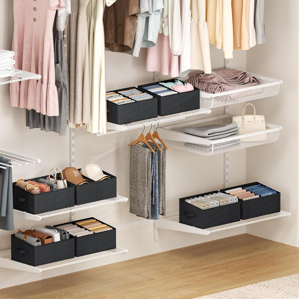 DIMJ Large Closet Shelf Organizer Bins 8 Packs with Handles and Divider, Fabric Trapezoid Storage Baskets, Foldable Clothes Containers Box for Shelf, Towel, Book, Toy, Purse, Hats, Black