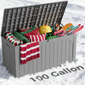 100 Gallon Outdoor Storage Box, Weatherproof Deck Box for Patio Cushions, Throw Pillows, Garden Tools, Lockable Resin Large Outdoor Storage Bench for Yard, Porch, or Balcony