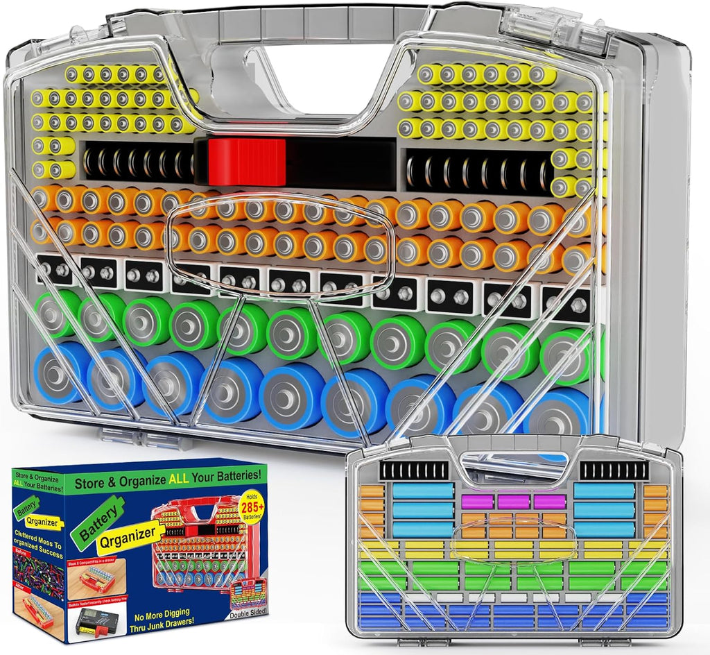 Battery Organizer Storage Holder Box Case with Tester, New Ultra-Large 285+Batteries Double-Sided Variety Pack, Holds AA AAA 4A C D 9V 3V Button Cell Lithium18650 CR2 CR123 CR1632 LR44 (Grey)
