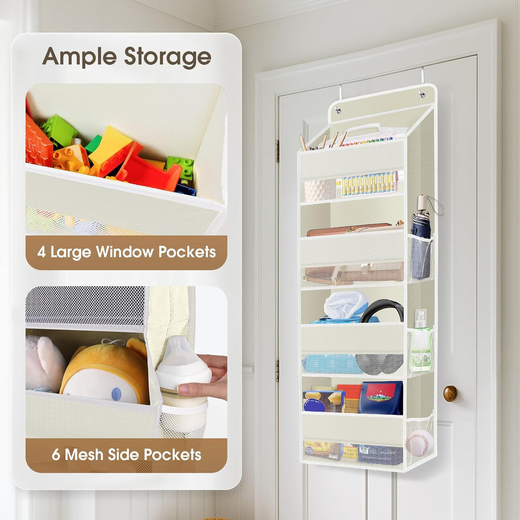 1 Pack Over The Door Organizer, Hanging Storage Organizer with Clear Window, 40lb Ultra Sturdy Large Capacity Room Organizer for Pantry Bathroom Nursery Closet Baby Essential (Beige)