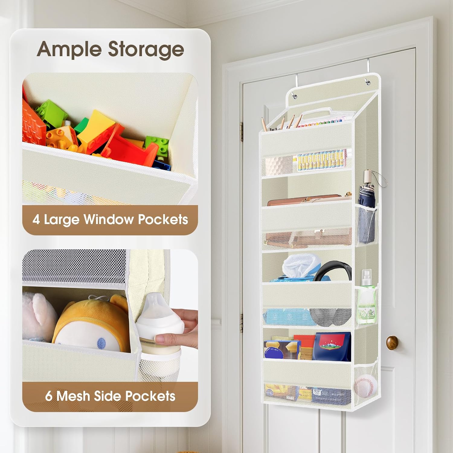 1 Pack Over The Door Organizer, Hanging Storage Organizer with Clear Window, 40lb Ultra Sturdy Large Capacity Room Organizer for Pantry Bathroom Nursery Closet Baby Essential (Beige)