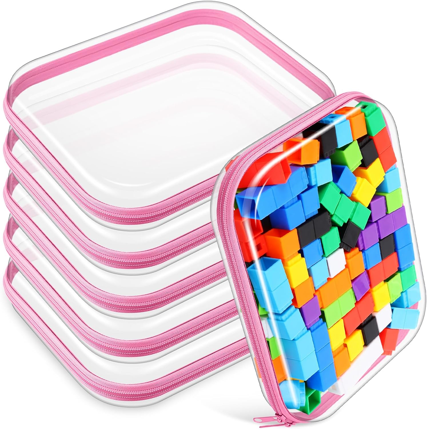 Sanwuta 6 Pcs Clear Hard Zipper Case Hard Plastic Zipper Pouches Transparent Makeup Bag Pencil Pouches for Travel Snacks Christmas Trinket Storage Organizer Box(Pink,9.84 x 7.87 x 2 Inch)