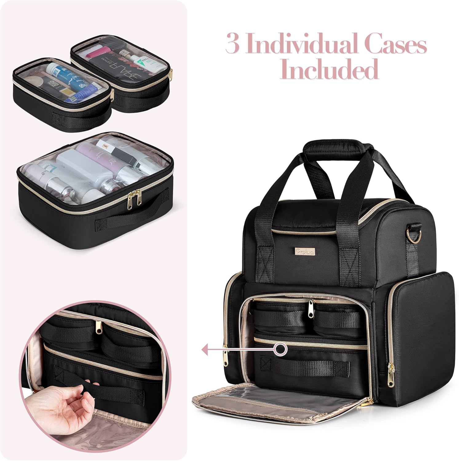 Large Cosmetic Bag with 3 Removable Case, Double Layer Travel Organizer with Inner Dividers and Makeup Brushes Storage Section, Black (Patented Design)