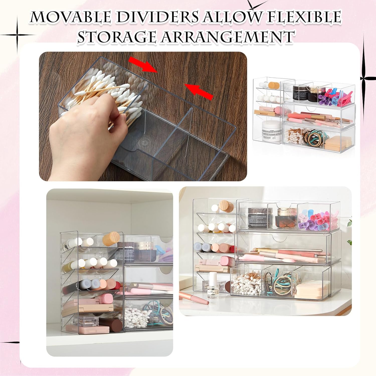 Kathfly 6 Pcs Medicine Cabinet Organizer Acrylic Stackable Clear Makeup Organizer with 2 Drawer 1 Storage Box 2 U Movable Partition and 1 Vertical Layered Storage Rack for Bathroom Cabinet Wall Vanity