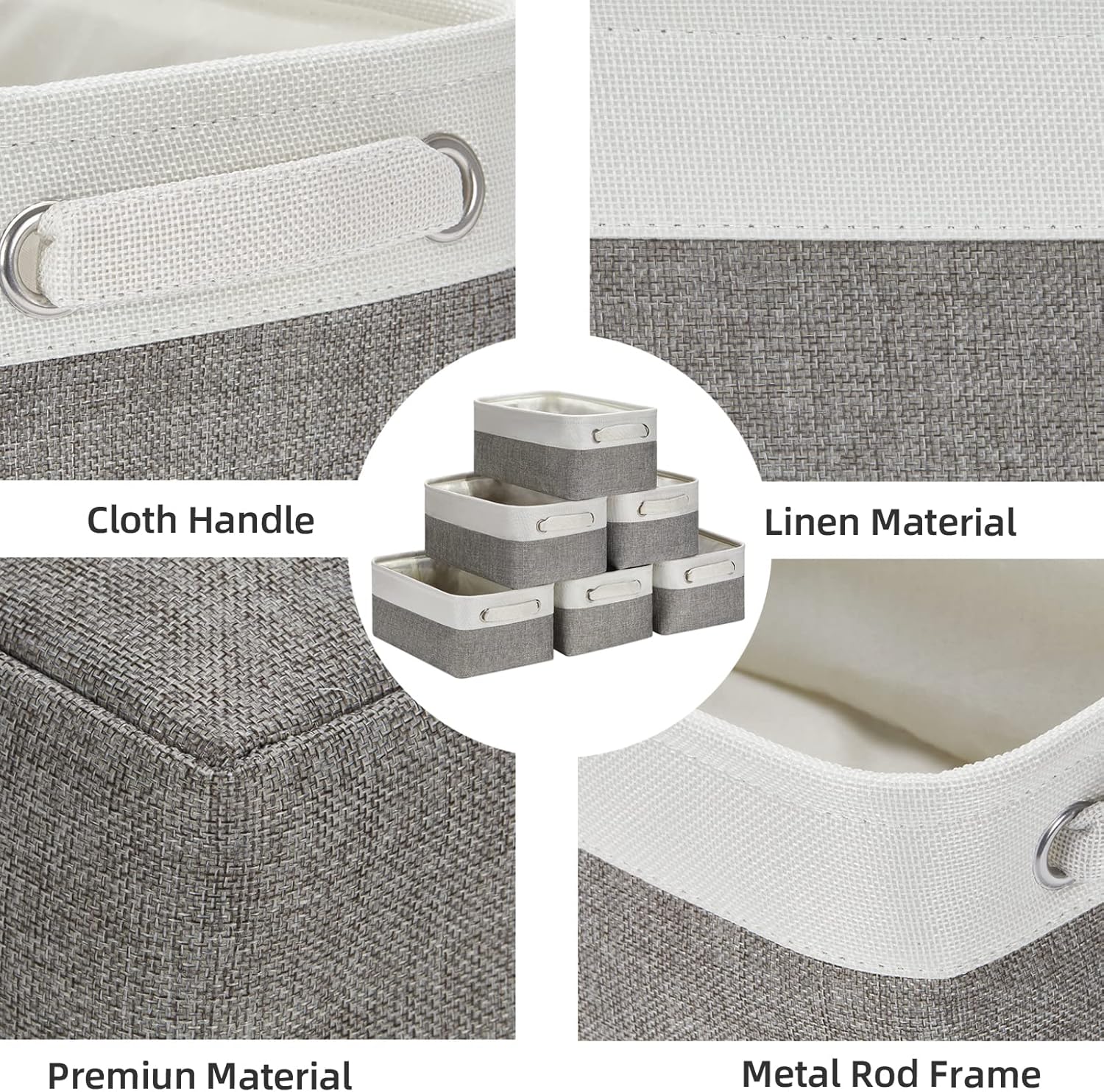 HNZIGE Small Organizer Bins for Shelf,Small Fabric Collapsible Baskets for Organizing Nursery Linen Canvas,Set of 6 Decorative Storage Basket for Storage Closet Toy(White&Gray, 11.8" x 7.8" x 5.1")