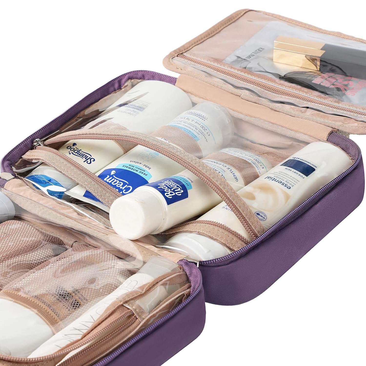 NISHEL Travel Toiletry Bag for Women, Makeup Essentials Organizer, Hanging Case for Accessories, Cosmetics, Medium Size, Purple