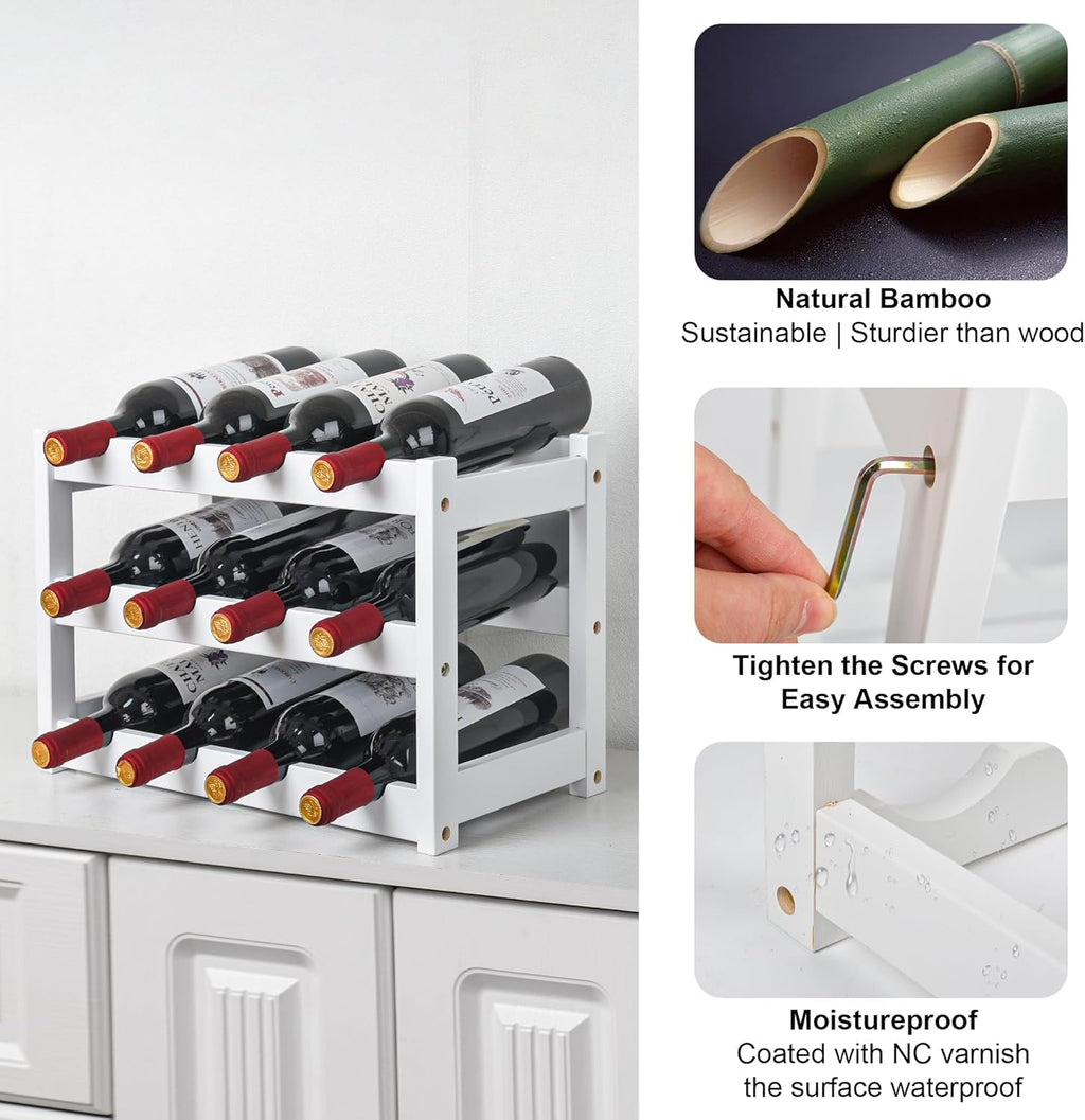 VASMIA Bamboo Wine Rack, Sturdy and Durable Wine Storage Cabinet Shelf, Wine Racks Countertop for Pantry,Kitchen,3-Tier 12 Bottles Wine Rack White