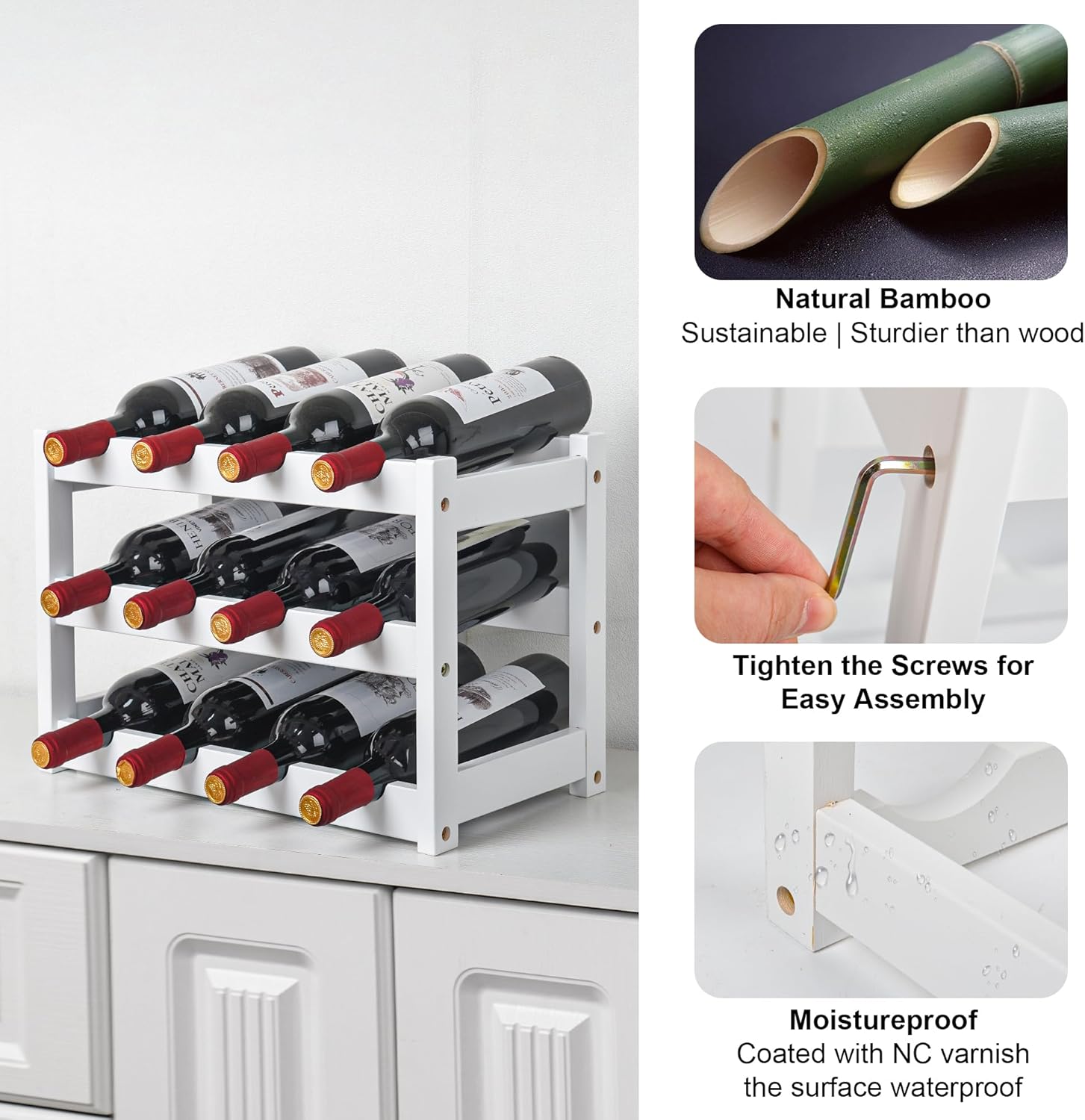 VASMIA Bamboo Wine Rack, Sturdy and Durable Wine Storage Cabinet Shelf, Wine Racks Countertop for Pantry,Kitchen,3-Tier 12 Bottles Wine Rack White