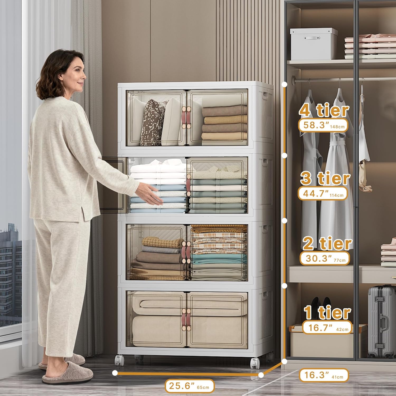 Extra Large Stackable Storage Bins with Lids & Wheels & Door, 448QT-112QT/28GAL*4Pack Foldable Collapsible Closet Organizers, Plastic containers drawers for bedroom Dorm