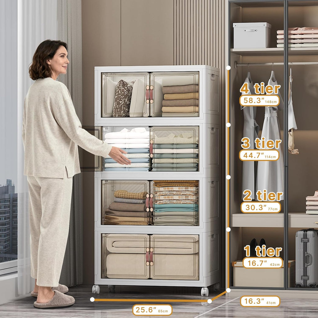 Extra Large Stackable Storage Bins with Lids & Wheels & Door, 896QT-112QT/28GAL*8Pack Foldable Collapsible Closet Organizers, Plastic containers drawers for bedroom Dorm