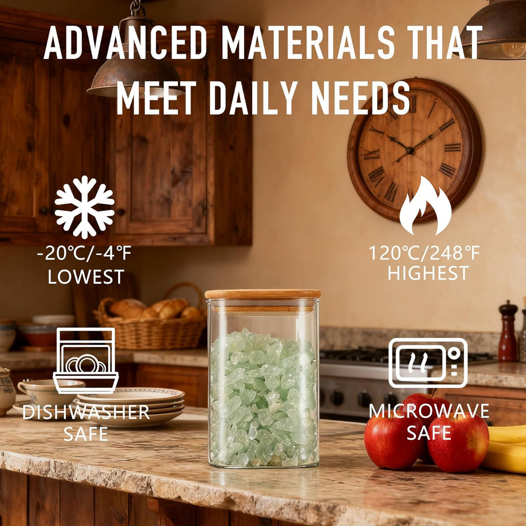 37oz Airtight Glass Square Storage Canisters with Bamboo Lid Set of 6 (1100ml) Stackable Containers, Kitchen Jars for Pantry Noodles, Flour and Coffee beans (‎with Black Lable)