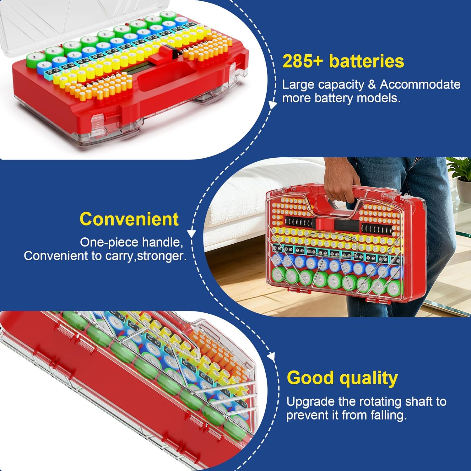 Battery Organizer Storage Holder Box Case with Tester, New Ultra-Large 285+Batteries Double-Sided Variety Pack, Holds AA AAA 4A C D Button Cell 9V 3V CR123 CR1632 LR44 Lithium18650 CR2 Red