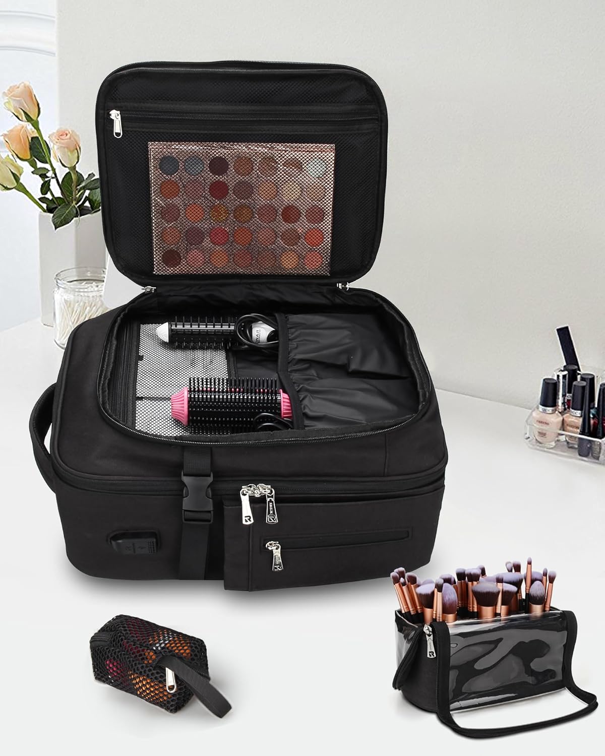 Relavel Professional Makeup Case Makeup Backpack and Makeup Brush Case for Makeup Artists, Durable Water-resistant Material, with Shoulder Strap and Adjustable Dividers Black