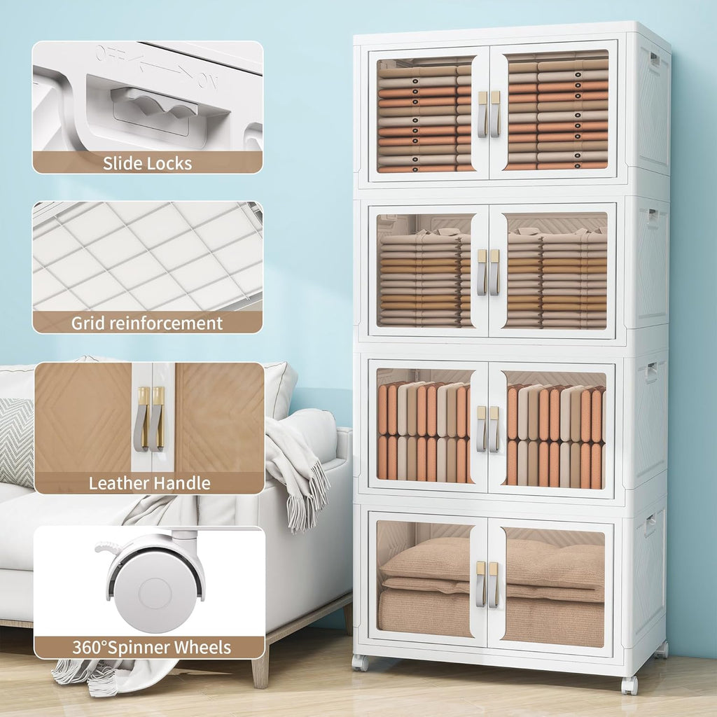 Large Clear Stackable Storage Bins with Lids, Foldable Storage Cabinet for Closet Organizers and Storage, Plastic Storage Box with Wheels 628 QT