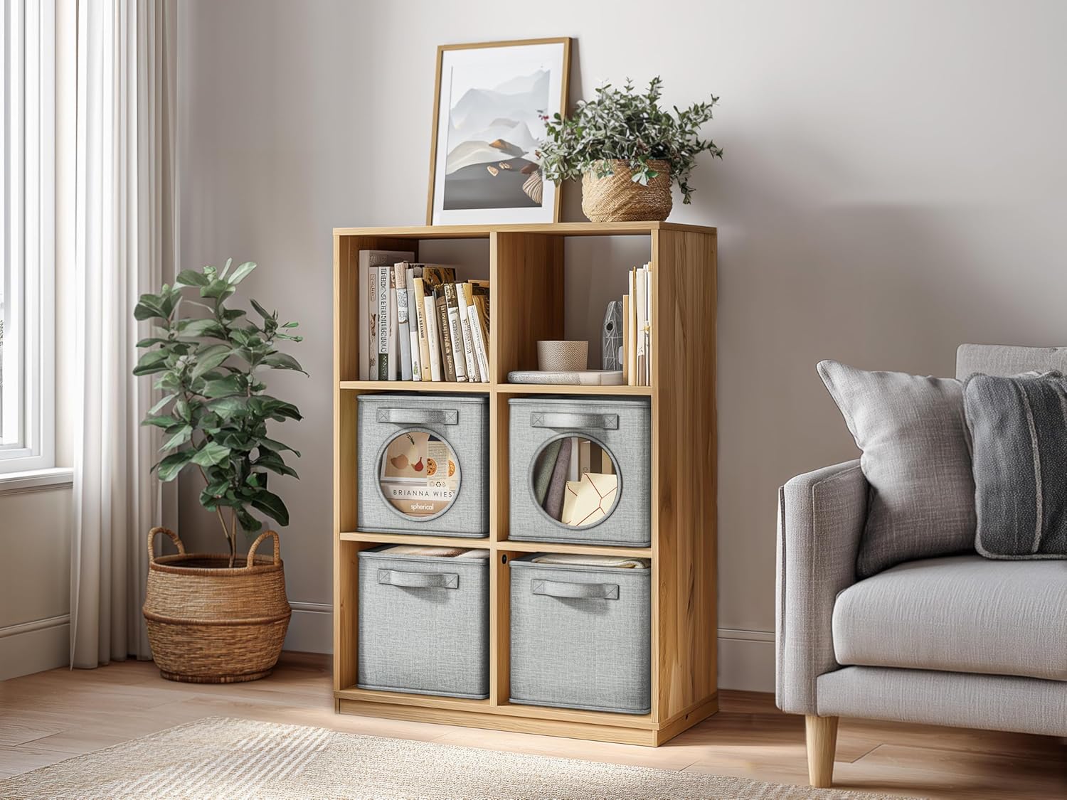 Vailando Foldable Fabric Storage Cube with Round Window - 4 Pack 11"x11"x11" Collapsible Closet Organizer Bins for Clothes, Shelves, Offices, Toys & Misc, Light Gray