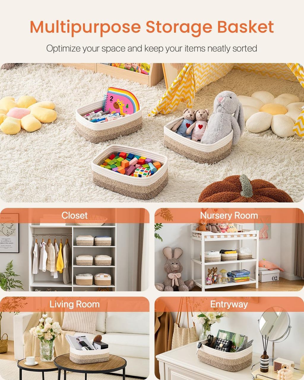 Small Woven Basket, 12 x 8 x 4.5 Inches, Storage Basket for Organizing, Cute Small Rope Shelf Closet Cube Storage Bins Baskets for Shelves, Dog Toy Gift Baskets Empty, 3 Pack Gradient Brown