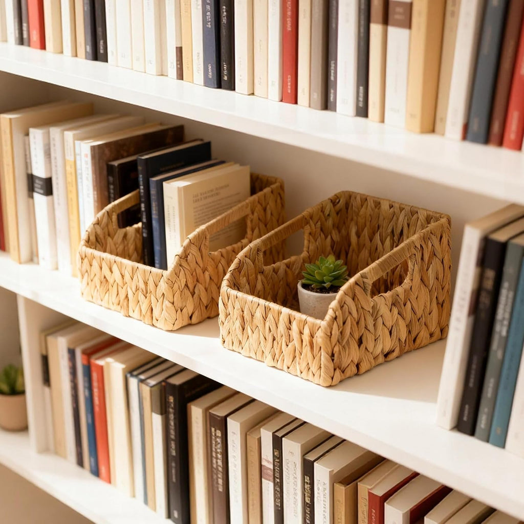 Pantry Organizers, Wicker Baskets for Organizing with Handles, Handwoven Wicker Storage Basket, Water Hyacinth Storage Bins Baskets for Shelves, Boho Decoration, 3 Pack,Natural