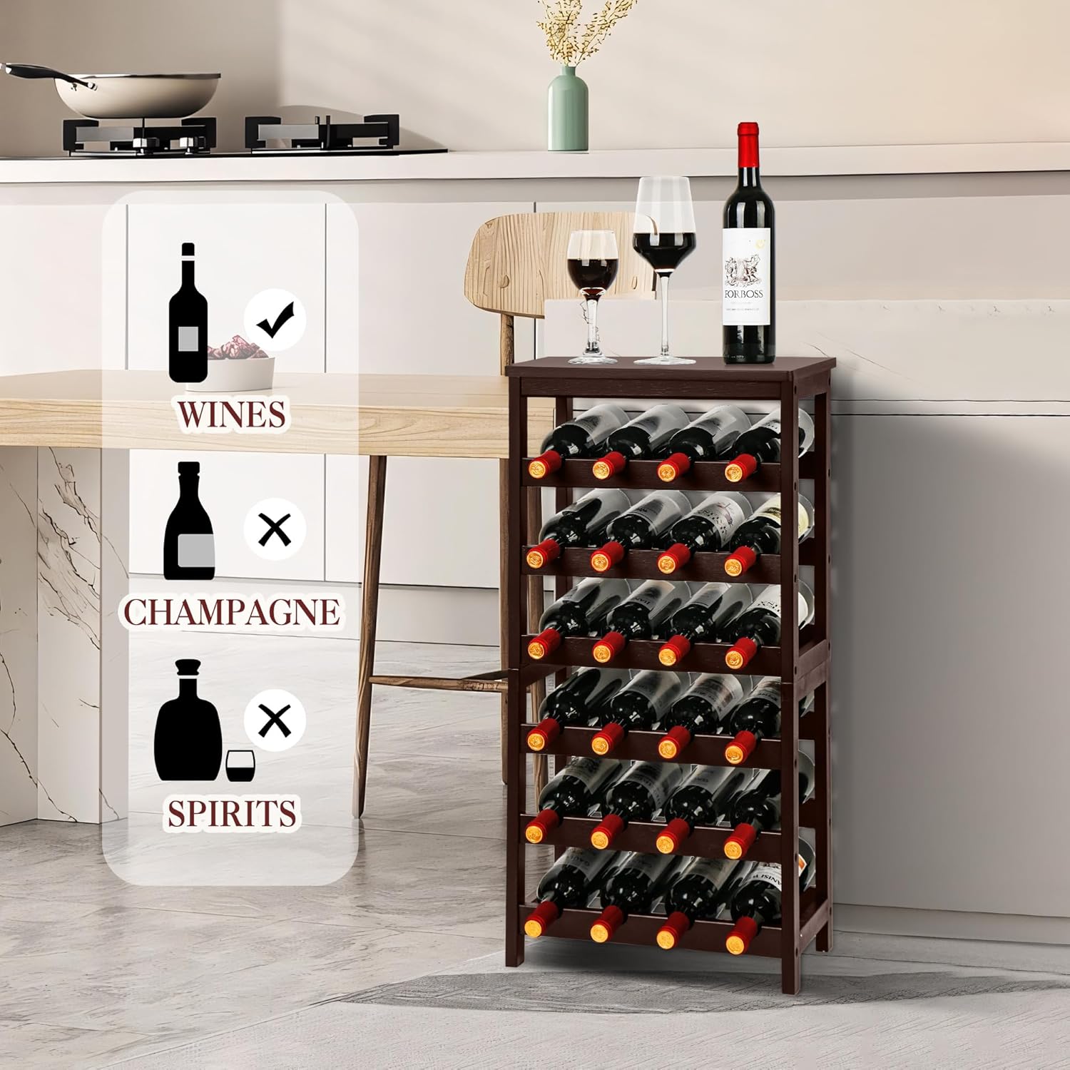 VASMIA Wine Rack Free Standing Floor, 6-Tier Display Wine Storage Shelves with Table Top, 24-Bottle Bamboo Wine Rack Shelf for Kitchen Bar Dining Room Living Room, Brown