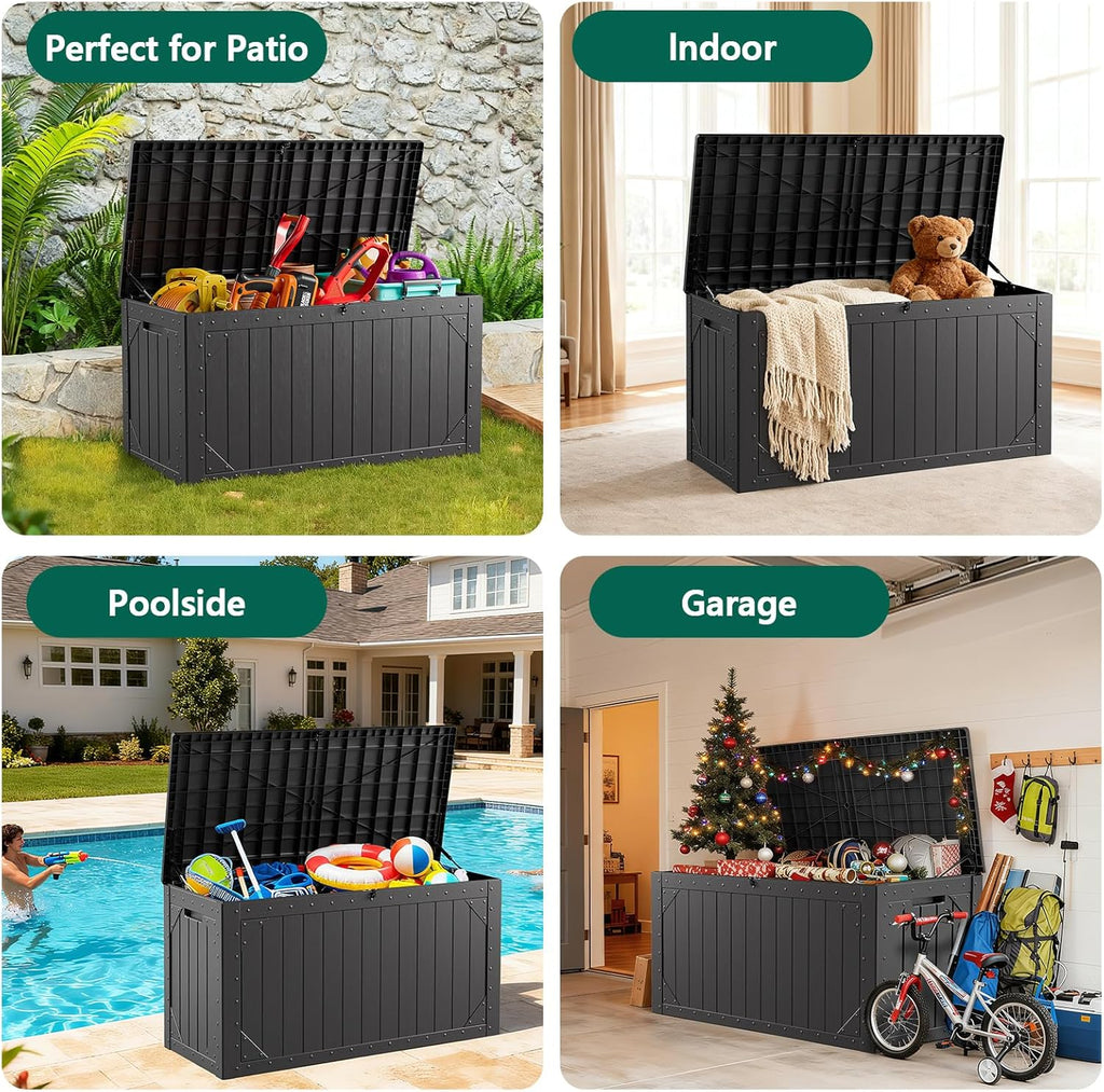 100 Gallon Outdoor Storage Box, Weatherproof Deck Box for Patio Cushions, Throw Pillows, Garden Tools, Lockable Resin Large Outdoor Storage Bench for Yard, Porch, or Balcony