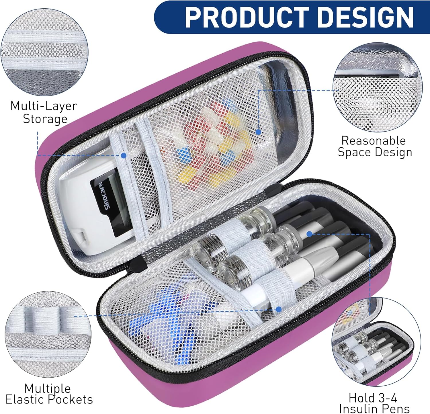 Insulin Cooler Travel Case, Portable Temperature Display Medicine Travel Cooler, Diabetes Case with 2 Reusable Ice Packs TSA Approved for Diabetic Supplies Patent Pending(Purple-No Temp)