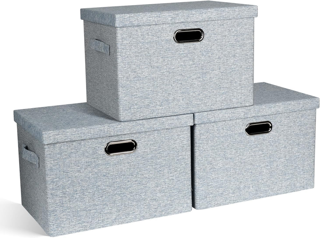 Large 17" 36 Quart Collapsible Stackable Storage Bins with Lids, 3 Packs Blue-Grey Linen Fabric Closet Boxes with Lids, Storage Cube Baskets Container Organizers for Bedroom (17x12x11)