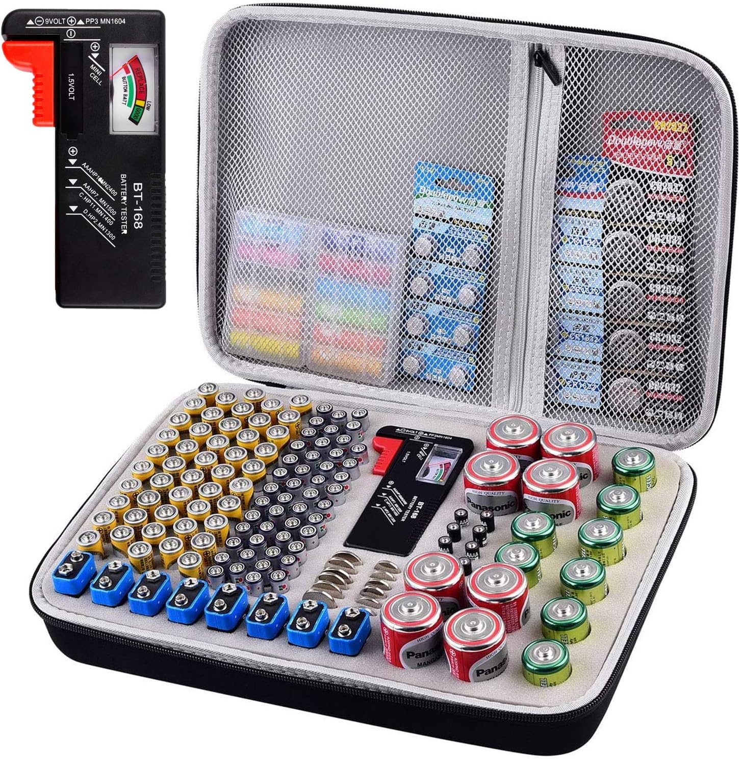 Battery Organizer Storage Holder Case Box with Tester Checker BT-168. Holds 225 Batteries AA AAA C D Cell 9V 3V Lithium (Yellow)