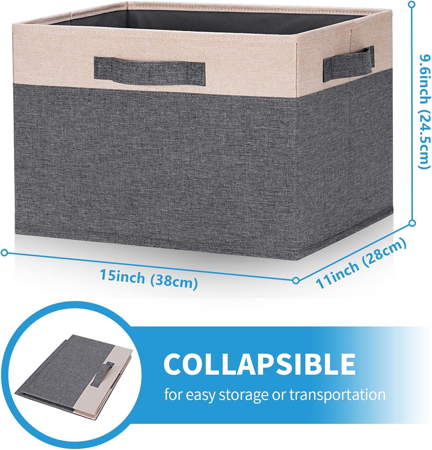 GhvyenntteS Large Fabric Storage Bins for Shelves with 3 Handles, 15x11x9.6 Inch Closet Storage Bins, Sturdy Foldable Storage Baskets for Shelves Closet Bedroom Living Room Office (Beige, Set of 3)